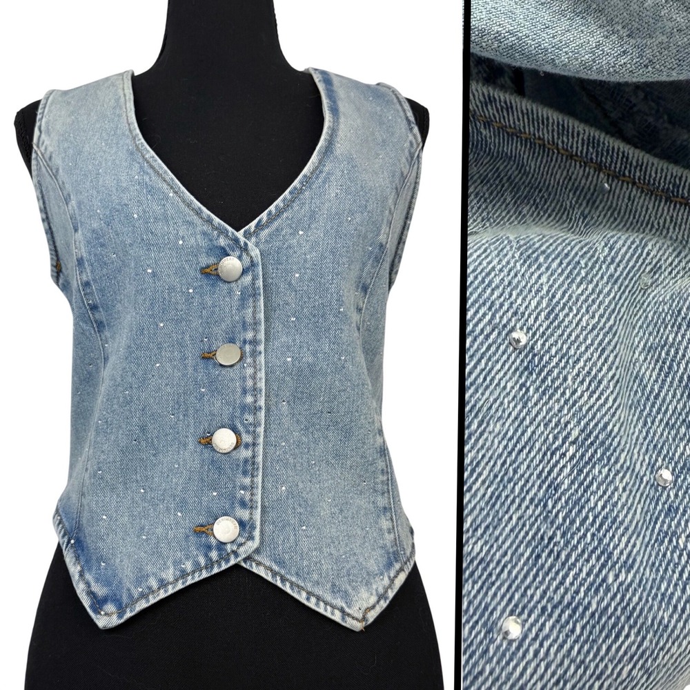 Stoosh Crop Western Denim Vest Light Wash Rhinestones Women's Sz M‎ Button Front